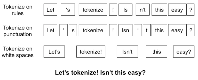 3 different tokenization scheme: on rules, on punctuaction, on white spaces