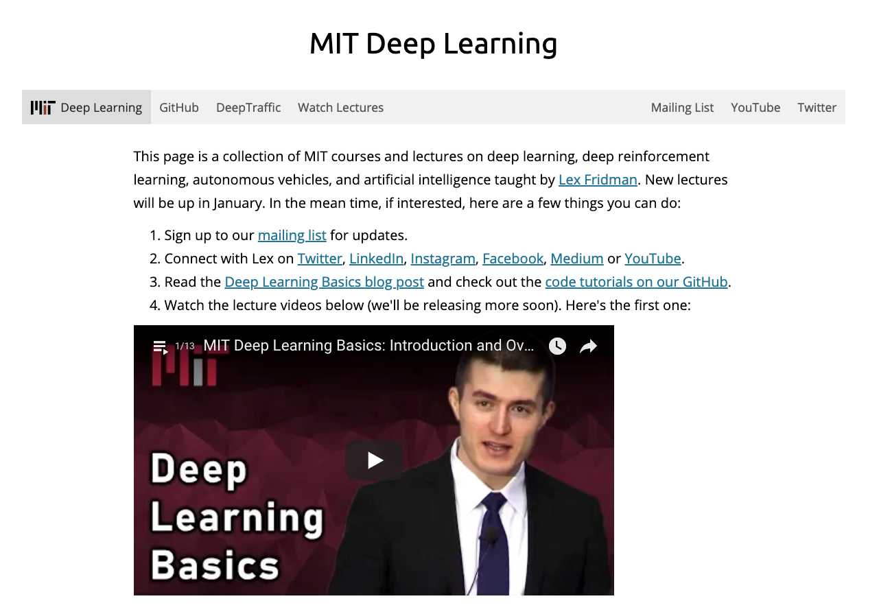 Landing page of "MIT Deep Learning"